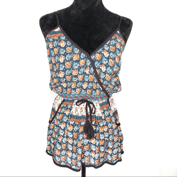 Band of Gypsies Pants - Band of Gypsies blue/orange floral shorts romper S